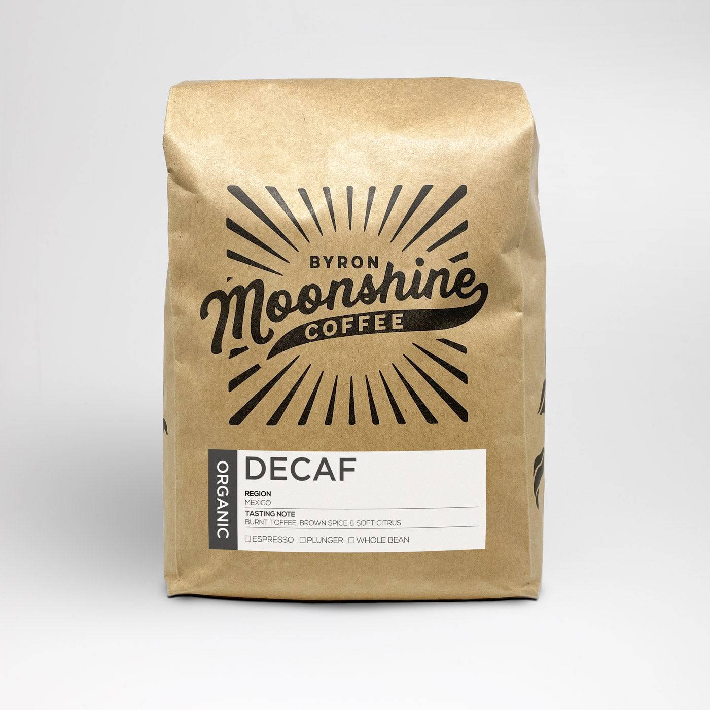 Organic Decaf Coffee Byron Moonshine Coffee 1kg Whole Bean 