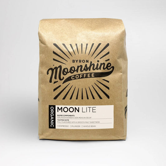 Moon Lite Blend:  Organic Decaf + Organic Moon Runner Coffee Byron Moonshine Coffee 1kg Whole Bean 
