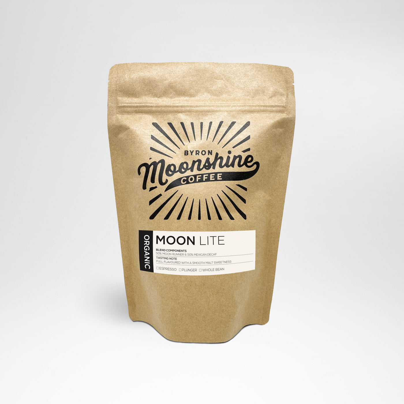 Moon Lite Blend:  Organic Decaf + Organic Moon Runner Coffee Byron Moonshine Coffee 250g Whole Bean 